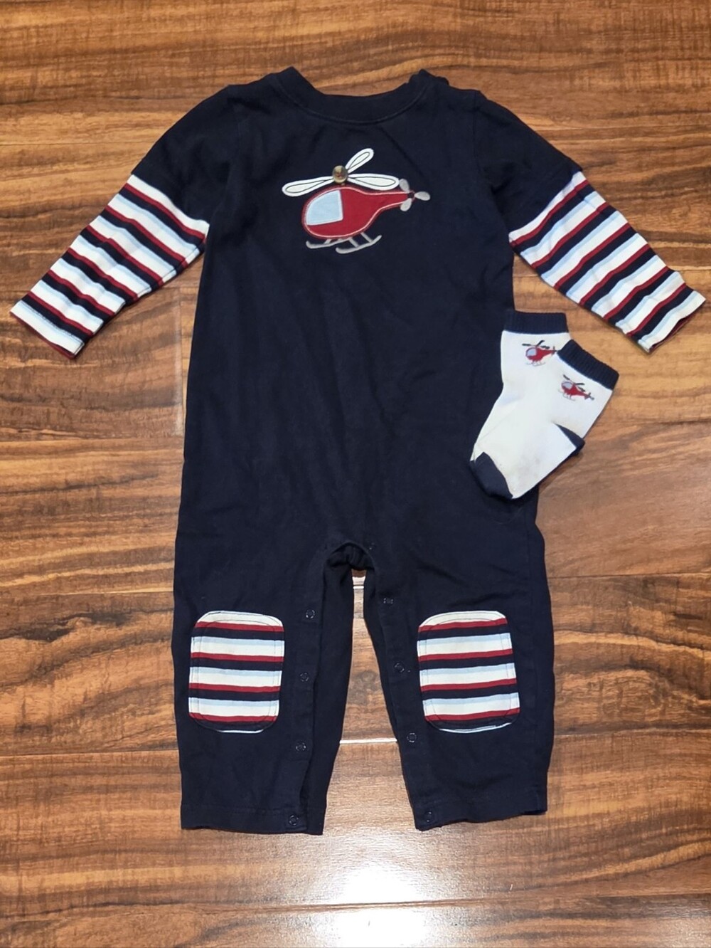Gymboree EUC 18-24 Months Navy Helicopter Stripe One-Piece Romper and Socks